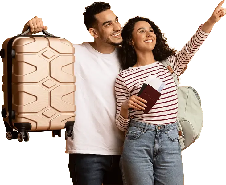 Happy travelers with luggage